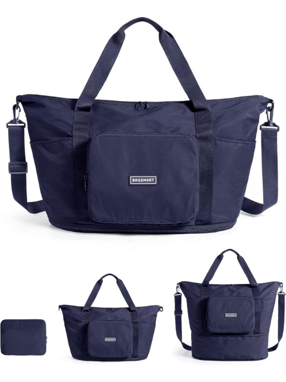 Expandable 37L Foldable Travel Bag - Lightweight Personal Item Tote, Navy Blue